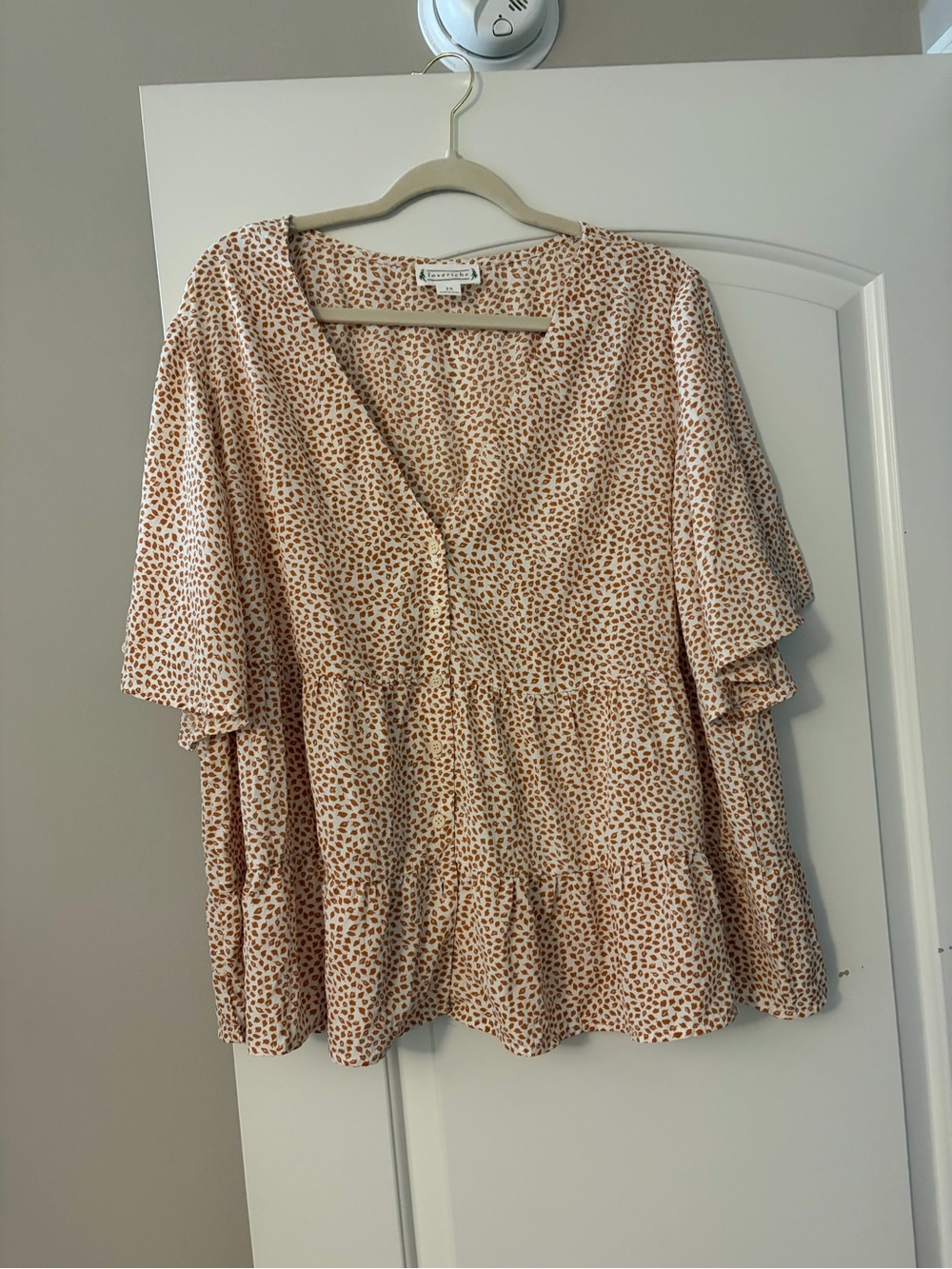Love Riche Beige and Brown Printed V-Neck Tiered Blouse